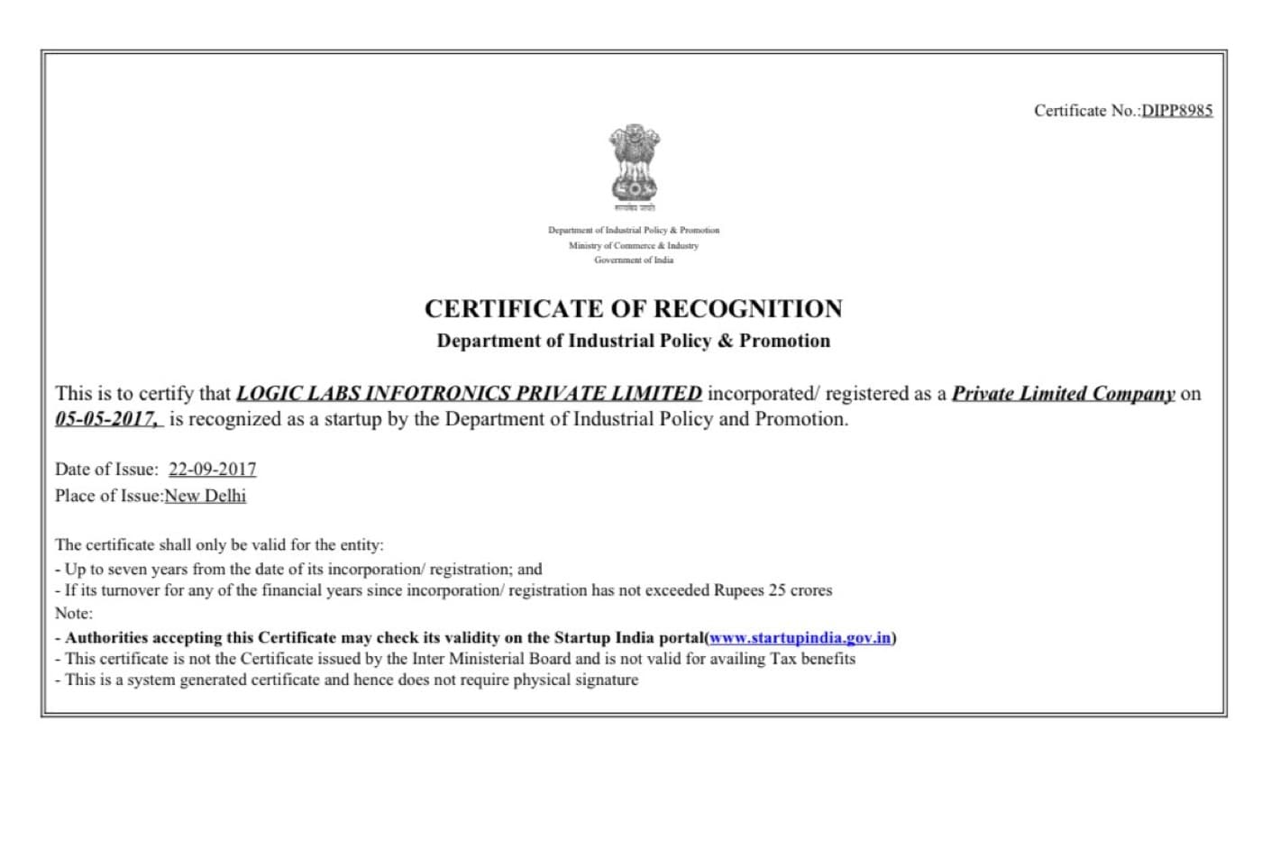 DPIIT Startup Recognition